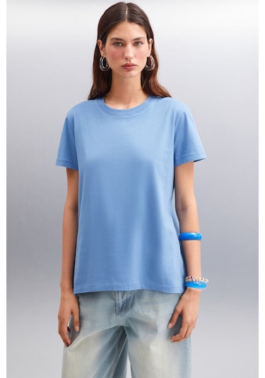 Samantha Kadın %100 Organik Pamuklu Comfort Fit Arkası Uzun Basic Örme Indigo T-shirt