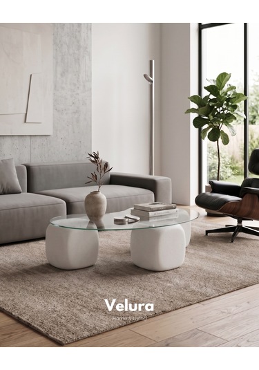 Modern Orta Sehpa & Küre Sehpa & Top Sehpa & Şeffaf Fasulye Cam & Beyaz Zar