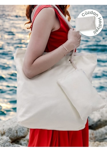 Cüzdan Hediyeli Kadın Plaj Çantası - Krem
