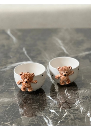 Meggdecor Teddy Bear 2 Adet Kabartma Kase 300ml Beyaz
