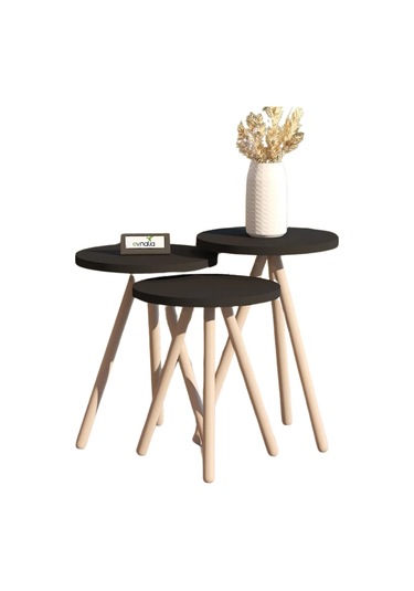 3'lü Zigon Sehpa Seti Saksılık Ve Çiçeklik Standı, Dekoratif Yan Sehpa Ahşap Ayaklı 33 Cm Çap - Siyah Siyah