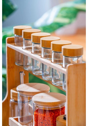 Malibu Bambu Standlı 12 Li Borosilikat Cam Baharatlık Seti Şeffaf