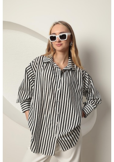 Chıcnhappy Poplin Kalın Çizgi Kadın Gömlek Siyah 24pn50610147 Siyah