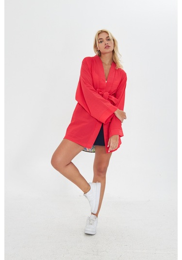 Kutaf Kırmızı Ultra Soft Arkası Desenli Kimono Kırmızı