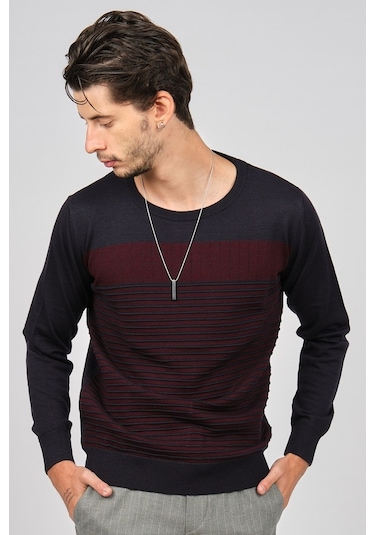 Desen Triko Erkek Bisiklet Yaka Desenli Yün Kazak 0249639 Laciver Lacivert