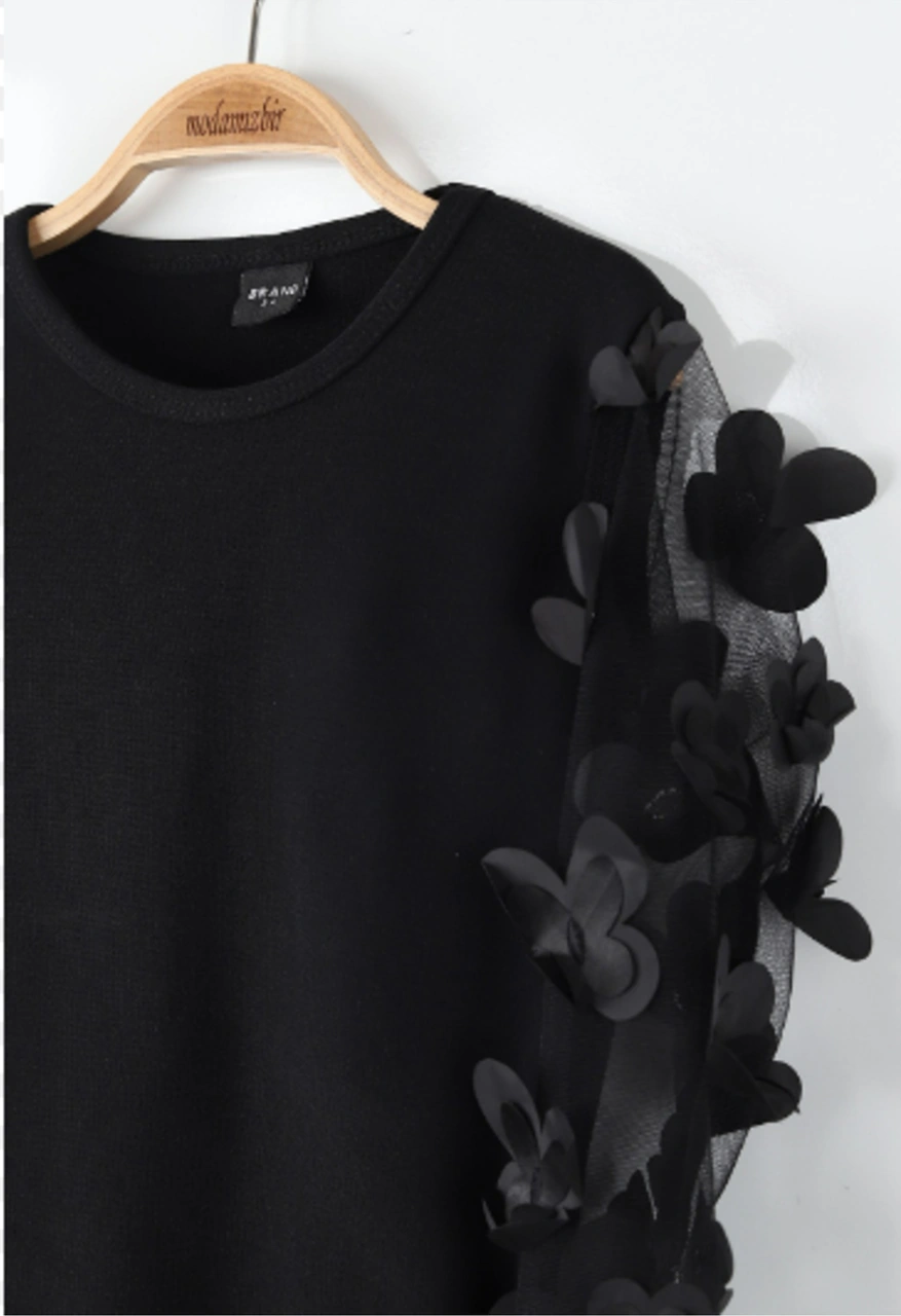 Uğur Böceği Çocuk Kolu Çiçek Motifli Tüllü Full Likralı Elbise 10-16 Yaş Siyah