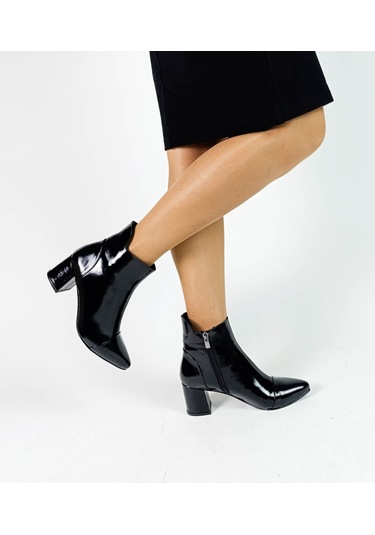 Hakiki Deri Siyah Rugan Fermuarlı Kalın Topuk Kadın Bot Siyah