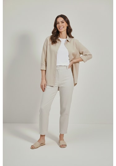 Yxc Trend Maker Oversize Uzun Basic Bayan Keten Gömlek Taş
