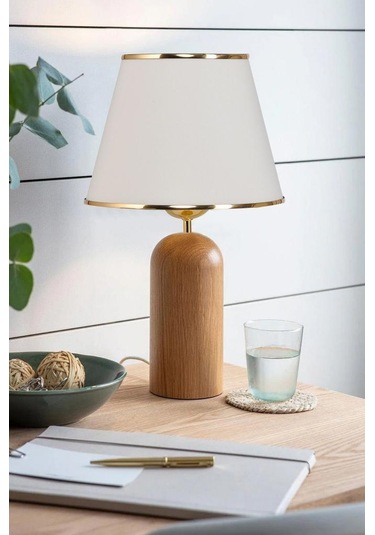 Silos Masif Ahşap Ayaklı Gold Detaylı Krem Kumaş Şapkalı Dekoratif Abajur Krem - Gold