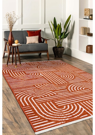 Revna Kiremit Turuncu Yıkanabilir Halı Kaydırmaz Tabanlı Pamuk Dokuma Salon Mutfak Koridor İçin Kiremit