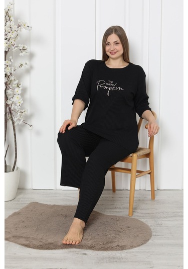 Fames Pijama Fitilli Kaşkorse Pamuklu Ispanyol Paça Yeni Sezon Büyük Beden Ev Giyim Siyah