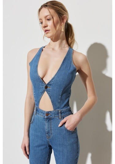 Regular Fit Normal Kesim Normal Bel Geniş Paça Kolsuz Açık Mavi Esnek Jean Tulum Açık Mavi