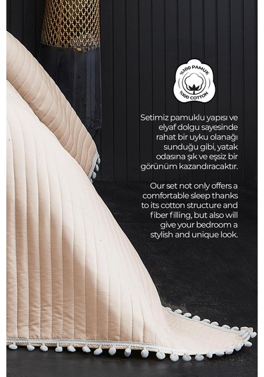 Evlen Home Collection Ponponlu Çift Kişilik %100 Pamuk Yatak Örtüsü Pike Takımı Bej