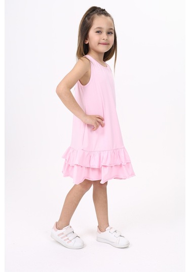 Toontoy Kız Çocuk Palmiye Baskılı Fırfırlı Elbise Açık Pembe