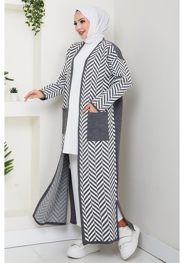 Çizgi Detaylı Triko Hırka 1604 - Antrasit Antrasit