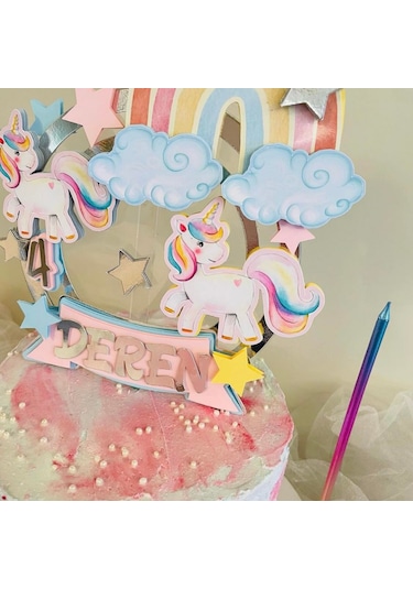 Unicorn Gökkuşağı Temalı Kız Çocuk Doğum Günü Pasta Süsü