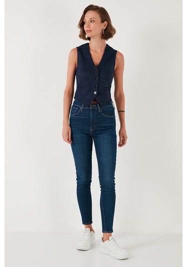 Lela Fitted Scuba Süet V Yaka Düğmeli Bayan Yelek 5865576 Lacivert