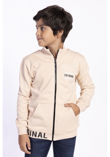 Toontoy Erkek Çocuk Baskılı Kanguru Cepli Hırka Bej