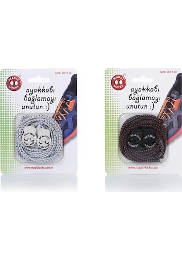 Magic Locks Yuvarlak Akıllı Ayakkabı Bağcık 2'li Set Beyaz-kahverengi