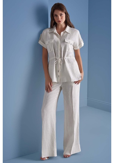 Gömlek Yaka Ekru Keten Gömlek Ekru