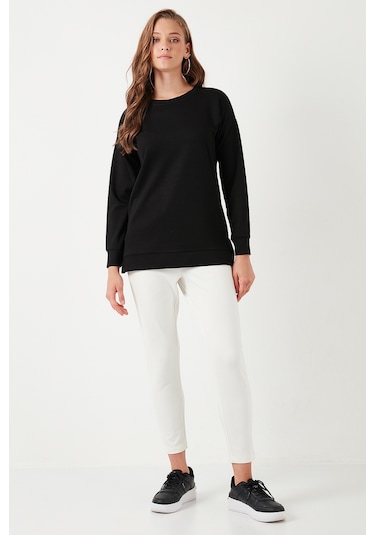Lela Streç Oversize Fit Bisiklet Yaka Modal Kumaş Bayan Sweat 5865877 Siyah