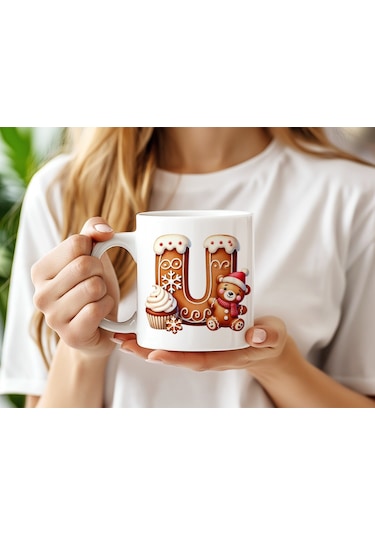 U Kurabiye Harf Ve Ayıcık Detaylı Kupa Bardak - Yeni Yıl / Yılbaşı Temalı Tasarım - Noel Hediye Beyaz
