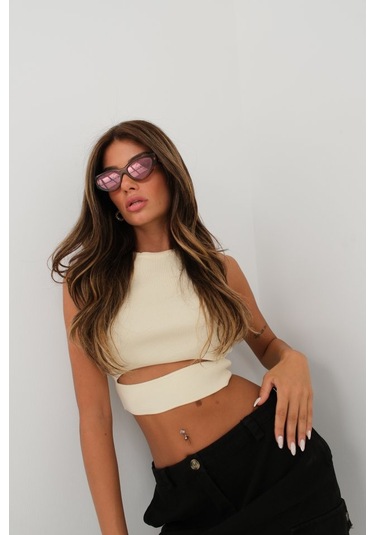 Ahes Shopping Pencere Detay Triko Bluz Ekru