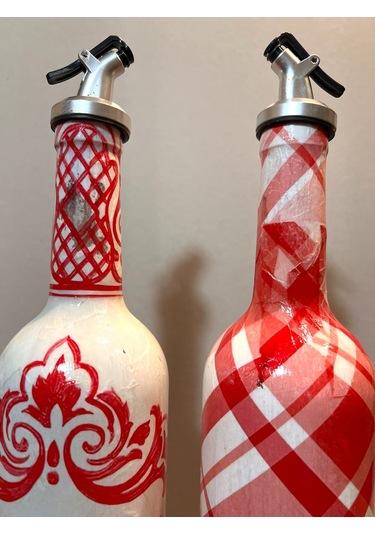 El Yapımı Kırmızı Beyaz Yağdanlık Seti Flamingo Ekose Desenli Cam Şişe, Dekoratif Mutfak & Sofra Ü Açık Pembe