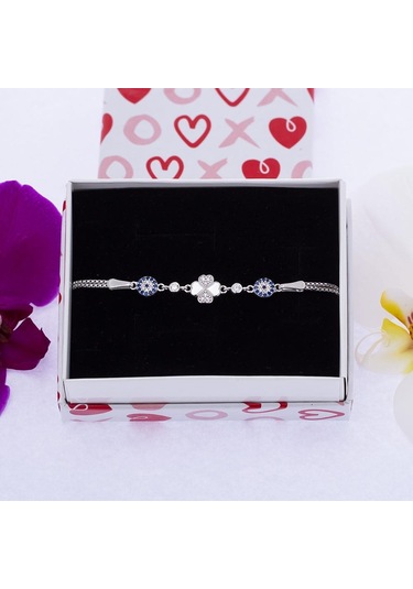 Nagiss Nazar Boncuğu Yonca Yaprağı Kalp Model Zirkon Taşlı 925 Ayar Gümüş Kadın Bileklik