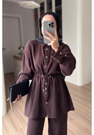 Ka Hijab Çıtçıt Detay Beli Büzgülü Takım - Kahverengi