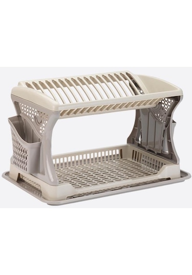 Flosoft İki Katlı Bulaşık Sepeti, Modüler Bulaşıklık Tabaklık, Bölmeli Tabak Kaşık Çatal Kurutmalık Kahverengi Bej