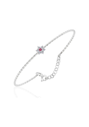 Ortası Yakut Taşlı Çiçek Gümüş Bilezik