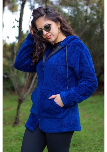 Kadın Saks Koyu Mavi Peluş Kalın Fermuarlı Kapüşonlu Cepli Ceket 23kcktmy50 001