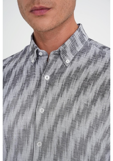 Comfort Fit Pano Desen Düğme Yaka %100 Keten Gri Gömlek G 1594 Gri