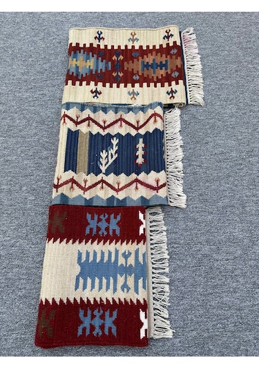 El Dokuma Dekoratif Kilim Seti 3 Adet Renkli %100 Yün Kilim