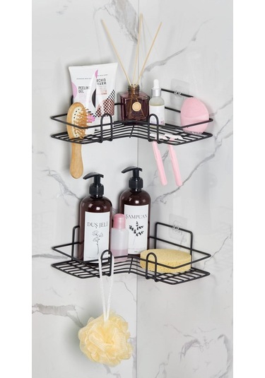 Orsa Home 2 Adet Geniş L Tasarım Güçlü Magic Yapışkanlı Siyah Banyo Köşe Rafı 229 Siyah
