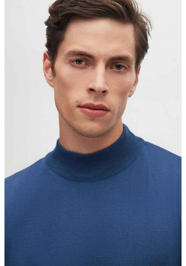 D's Damat Regular Fit Mavi Pamuk Karışımlı Yarım Balıkçı Triko Kazak Mavi