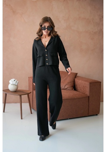 Kadın V Yaka Düğme Detay Ceket Pantolon İkili Triko Takım Siyah