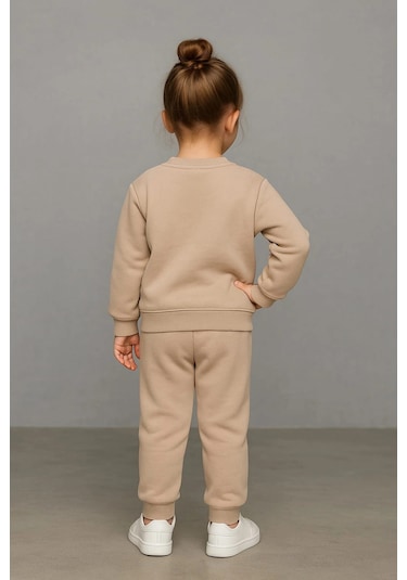 Papatya Nakışlı %100 Pamuk 2 Li Çocuk Eşofman Takımı Bej