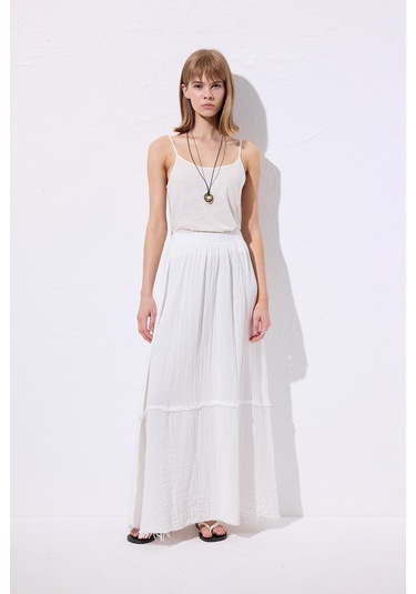 Müslin Katlı Geniş Etek Ekru Ekru