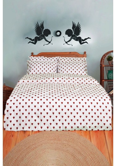 Kırmızı Kalpli Nevresim Seti Tek Kişilik Beyaz - Kırmızı