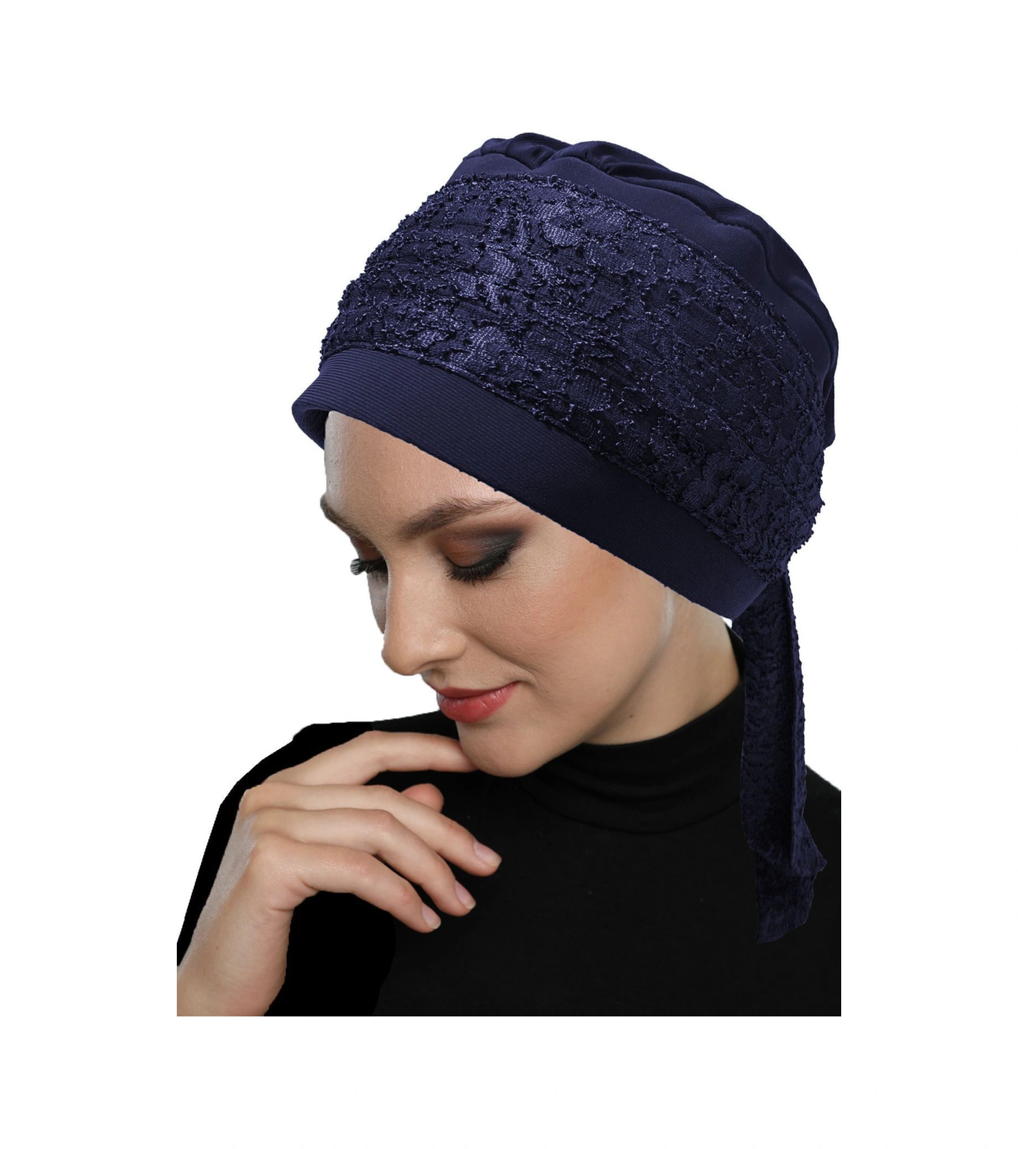 Dantel Bandana Lacivert Hazır Türban Tesettür Bone Lacivert