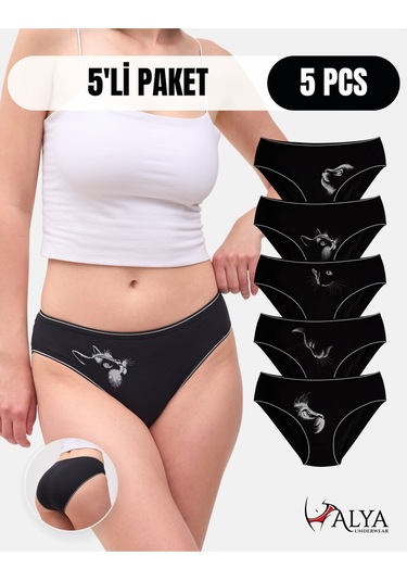 Alya Underwear Kadın Pamuklu Hipster - Slip Külot 5 Farklı Renk 1 Pakette Siyah P13