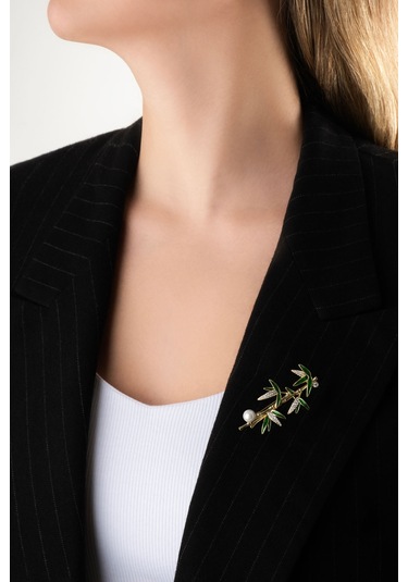 Şans Bambusu 18 Ayar Sarı Altın Kaplama Gümüş Broş Sarı Altın Kaplama