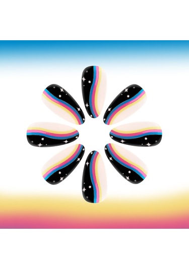 Günlük Orta Çizgili Badem Giyilebilir Tırnaklar Gökkuşağı Yıldızlı Gökyüzü Tatlı Ve Havalı Çok Yönlü Parlak Takma Tırnaklar 24 Parça Tırnak Sanatı Dahil Araçlar Ys1105