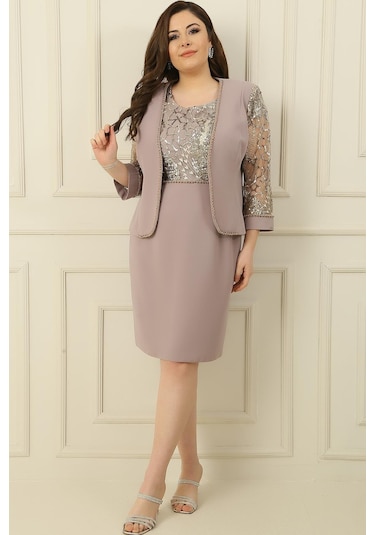 Pulpayet-tül Detaylı Astarlı Elbise Ceket Büyük Beden 2'li Takım-34868 Bej