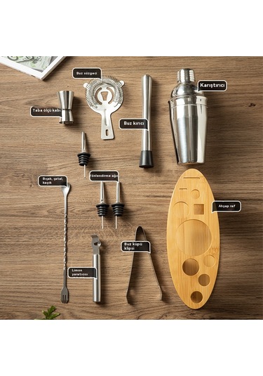 11 Parçalı Paslanmaz Çelik Kokteyl Şeker Seti - Profesyonel Bar Malzemeleri 700 Ml