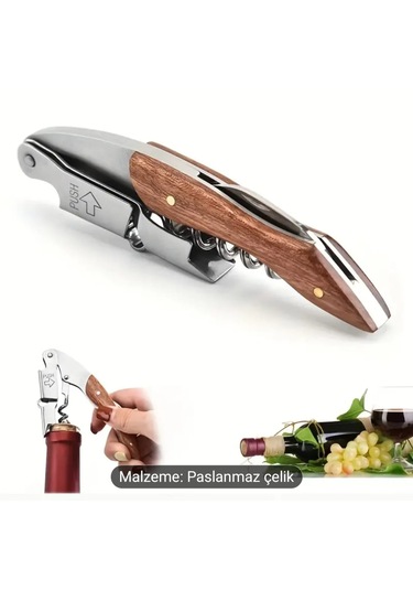 Atay Garage Tirbuşon Ahşap Saplı Paslanmaz Çelik Açık Kahverengi