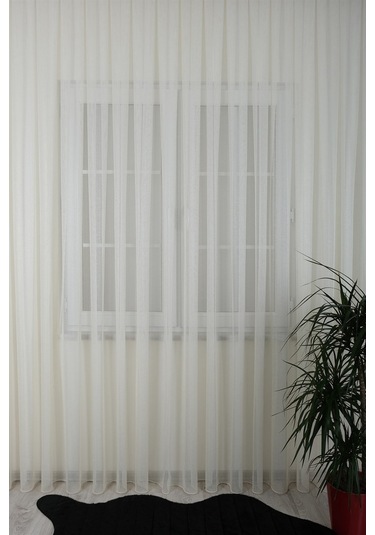 Damla Keten Görünümlü Leno Tül Perde Pilesiz Krem - Krem