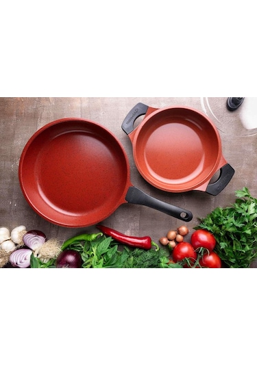 ThermoAd 2'li Döküm Flora Tava Sahan Seti Red Diamond  20 CM Sahan - 26 CM Tavan